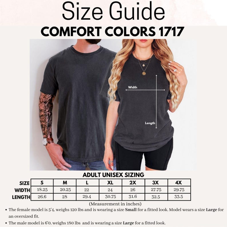 Comfort Colors 1717 T-Shirt, Unisex Size Guide, Accurate Fit, Casual Wear, Comfort Colors Size Chart, Classic T-Shirt Fit