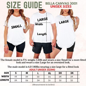 May include: Size guide for Bella Canvas 3001 unisex t-shirts. The image shows models wearing different sizes, with measurements in inches. Includes a size chart with width and length dimensions for sizes S to 3X.