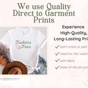 The image is a collage of various images, including a white t-shirt, a hat, and some dried flowers. The text above the image reads "We use Quality Direct to Garment Prints" and below the image, it lists the benefits of using high-quality, long-lasting prints, such as not cracking or peeling, being rated for 50+ washings, being made of soft fabric, and being a state-of-the-art print.