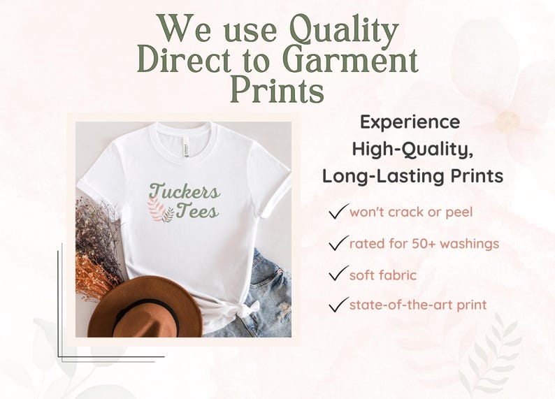 The image is a collage of various images, including a white t-shirt, a hat, and some dried flowers. The text above the image reads "We use Quality Direct to Garment Prints" and below the image, it lists the benefits of using high-quality, long-lasting prints, such as not cracking or peeling, being rated for 50+ washings, being made of soft fabric, and being a state-of-the-art print.