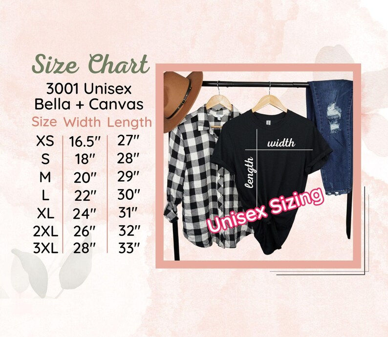 The image is a size chart for a clothing store, displaying the size and width of various clothing items such as a black t-shirt, a plaid shirt, and jeans.