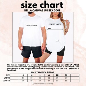 The image is a size chart for a pair of white t-shirts, with a male and female model wearing the shirts. The chart provides measurements for different sizes, including waist, length, and weight.