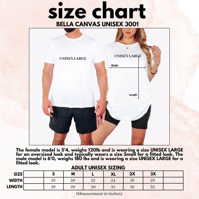The image is a size chart for a pair of white t-shirts, with a male and female model wearing the shirts. The chart provides measurements for different sizes, including waist, length, and weight.