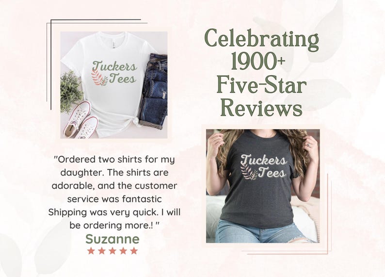 The image is a collage featuring two images of women wearing Tuckers Tees shirts, along with text that reads "Celebrating 1900+ Five-Star Reviews" and a customer review.