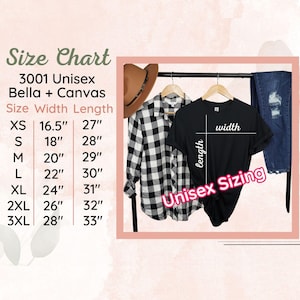 The image is a size chart for a clothing store, displaying the size and width of various clothing items such as a black t-shirt, a plaid shirt, and jeans.