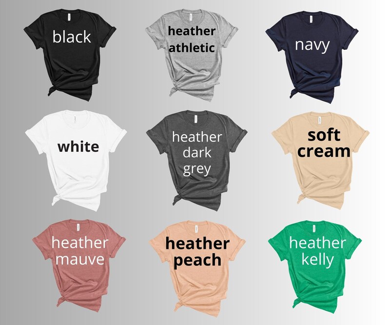 May include: Nine different color t-shirts, including black, white, heather athletic, heather dark grey, navy, soft cream, heather mauve, heather peach, and heather kelly.