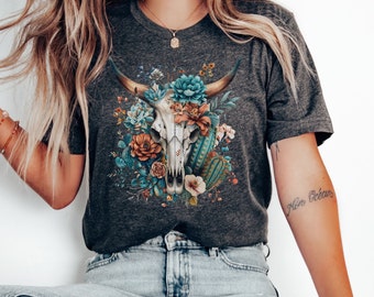 Boho Cow Skull Shirt, Country shirt, west Shirt, Western Graphic Tee, Cowgirl Shirt, Bull Skull Shirt, Southwest Shirt Western Clothing