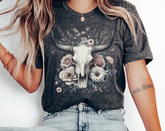 Boho Cow Skull Shirt, Country shirt, west Shirt, Western Graphic Tee, Cowgirl Shirt, Bull Skull Shirt, Southwest Shirt Western Clothing
