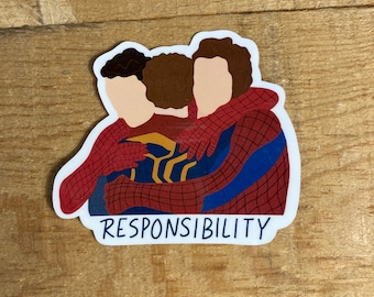 Spidey hug + RESPONSIBILITY Sticker - andrew tobey and tom hug, spidermen hug, spidey hug, cute spiderman hug, power and responsibility,