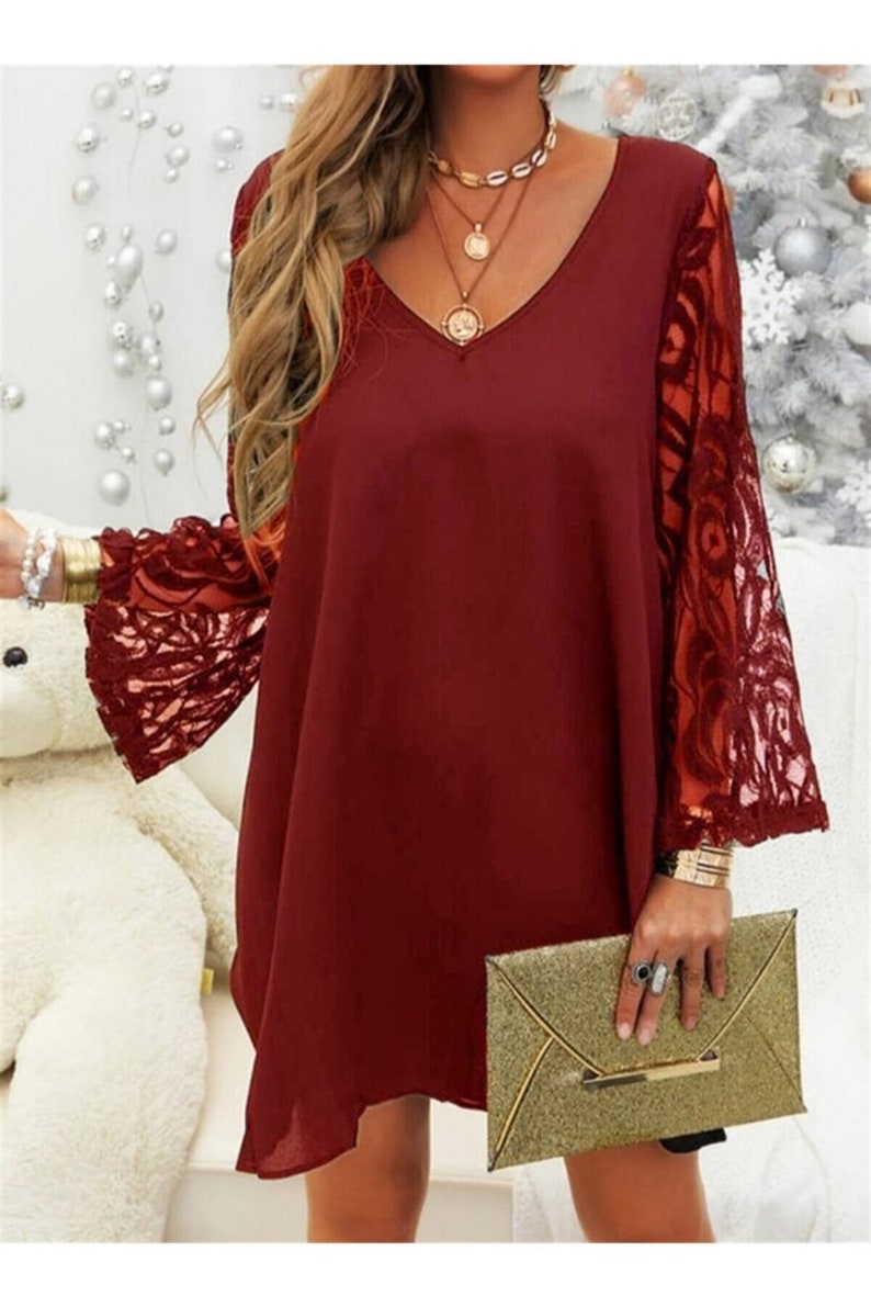 Solid Lace Long Flare Sleeve Shift Above Knee V Neck Dress , 35 Inch ...