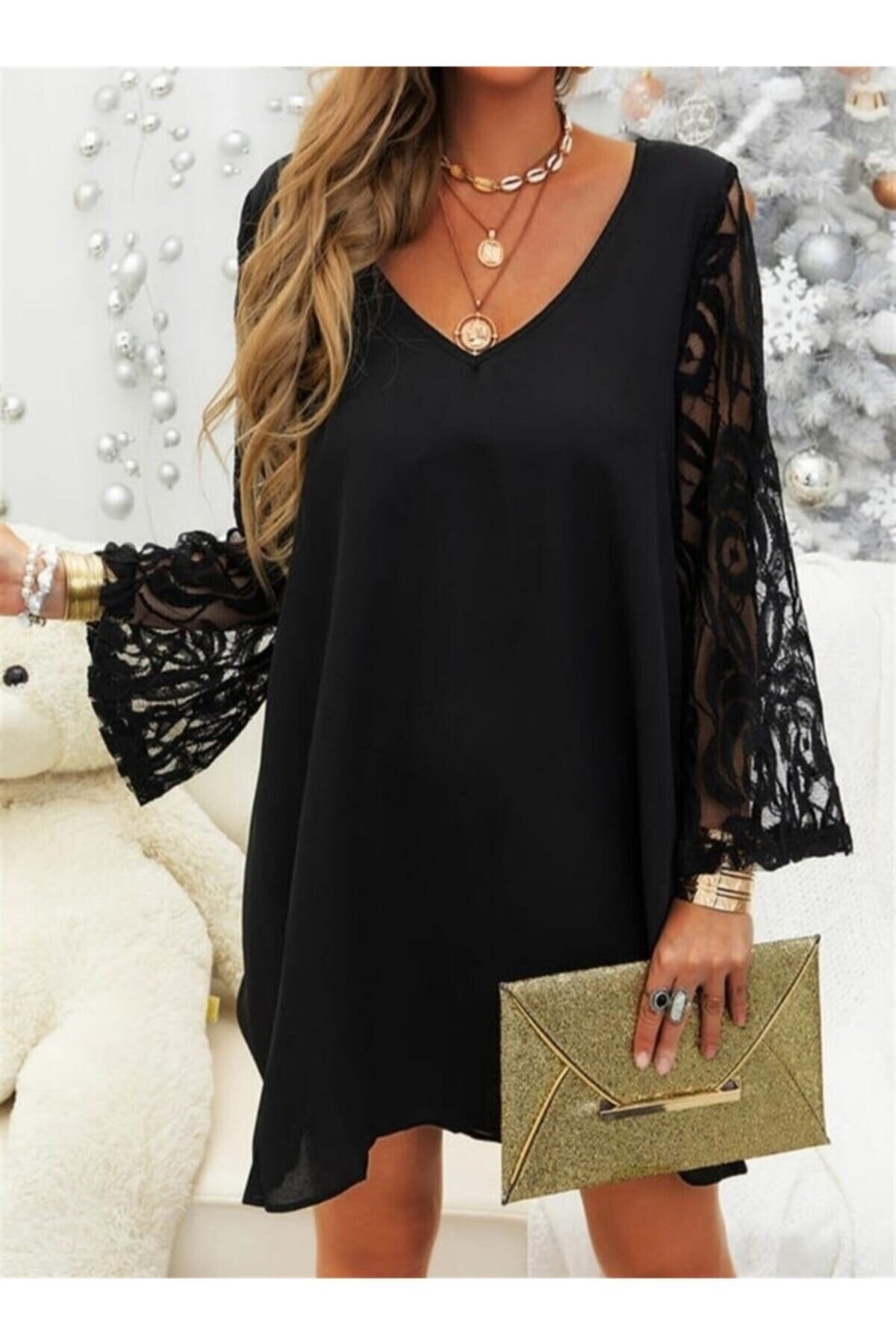 Solid Lace Long Flare Sleeve Shift Above Knee V Neck Dress , 35 Inch ...