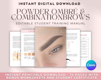 Könnte beinhalten: Editierbares Schüler-Trainingshandbuch für Powder Ombré und Kombination Brows Permanent Make-up-Techniken. Das Handbuch umfasst 74 Seiten mit zusätzlichen Arbeitsblättern und einem Schülerzertifikat. Das Cover zeigt eine Nahaufnahme eines Frauenauges mit einer braunen Powder Ombré Augenbraue.