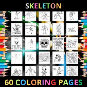 Ausmalbilder Skelette zum Ausdrucken für Kinder und Erwachsene | 60 Seiten | Sofortiger digitaler Download PDF | Halloween Skelett Malvorlagen
