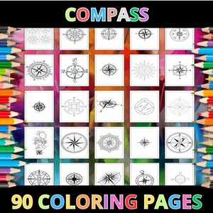 Páginas para colorear de brújula imprimibles para niños y adultos / 90 páginas / Descarga digital instantánea PDF / Hojas para colorear de puntos cardinales imprimibles