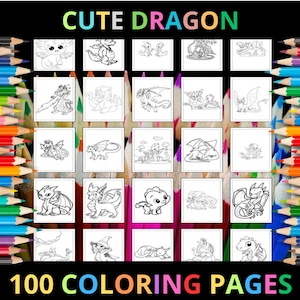 Printable Cute Dragon Coloring Pages for Kids and Adults | 100 Pages | Instant Digital Download PDF | Baby Kawaii Dragon Coloring Sheets