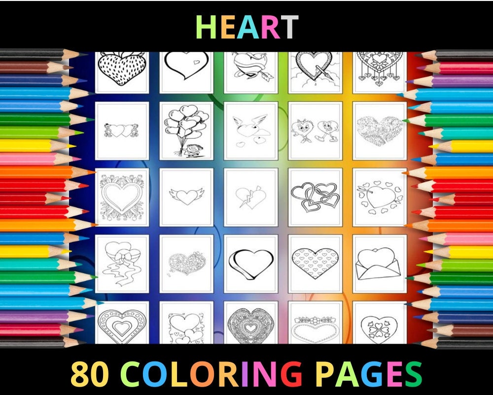 Printable Hearts Coloring Pages for Kids and Adults | 80 Pages | Instant Digital Download PDF | Cute Heart Shapes Coloring Sheets Collection