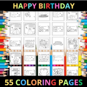Ausmalbilder für Kinder und Erwachsene, Happy Birthday Karte zum selbst ausdrucken | 55 Seiten | Sofortiger digitaler Download PDF | Niedliche Malvorlagen zum Geburtstag