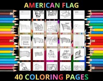 Páginas para colorear de la bandera estadounidense imprimible para niños y adultos / 40 páginas / Descarga digital instantánea / Hojas para colorear de la bandera de los Estados Unidos