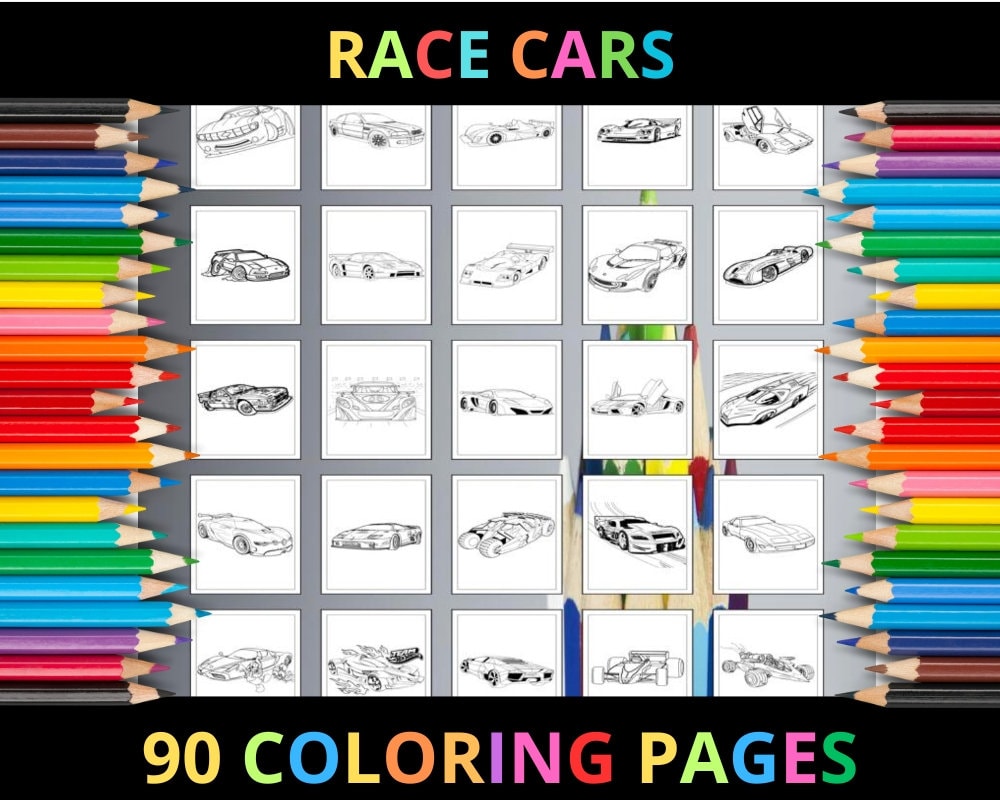 Printable Race Cars Coloring Pages for Kids and Adults | 90 Pages | Instant Digital Download | PDF | Printable Cute Coloring Sheets