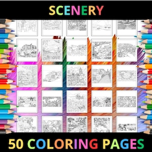 Printable Scenery Coloring Pages for Kids and Adults | 50 Pages | Instant Digital Download | PDF | Printable Cute Coloring Sheets