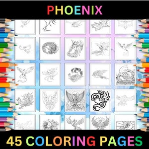 Printable Phoenix Coloring Pages for Kids & Adults | 45 Pages | Digital Download PDF | Mythical Bird Phoenix Coloring Sheets Collection