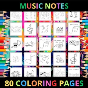 Páginas para colorear de notas musicales imprimibles para niños y adultos / 80 páginas / Descarga digital instantánea / PDF / Hojas para colorear lindas imprimibles