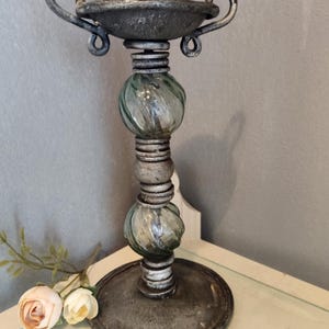 Vintage Rare Bohemian Pewter and Blown Glass Tall Candle holder
