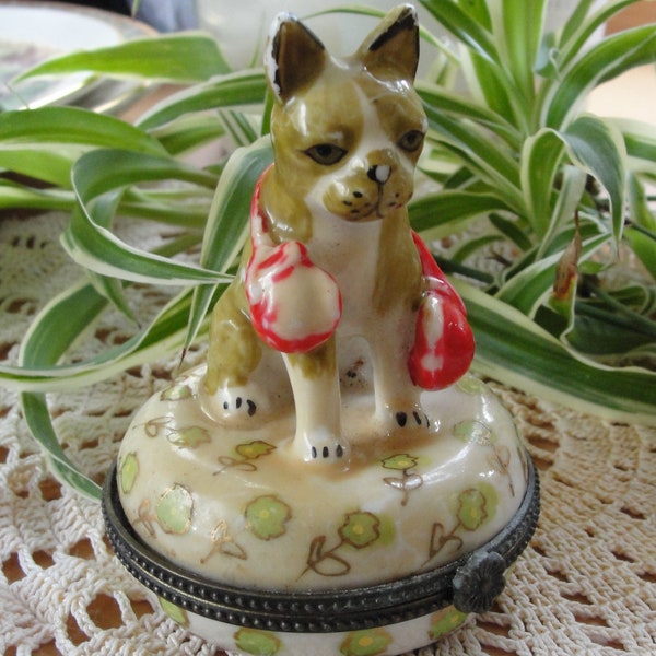 Odd Box Vintage Collectible ceramic pill box with boxing dog figure