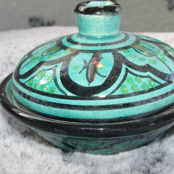 Vintage Moroccan Safi Clay Ceramic Turquoise Pot Container Small