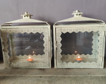 pair of vintage metal and glass large candle lanterns