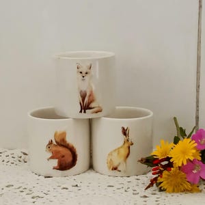 Vintage small ceramic pots set woodland animals fox, hare, squirrel