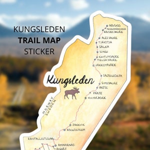 Carte de Kungsleden | Autocollant de sentier | Carte dessinée à la main | Randonnée Suède | Randonnée Kungsleden | Cadeau pour randonneur | Autocollant brillant en vinyle | 4" / 5,5"