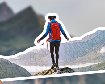 Hiking Girl Sticker: Mosaic Watercolor Vinyl Decal