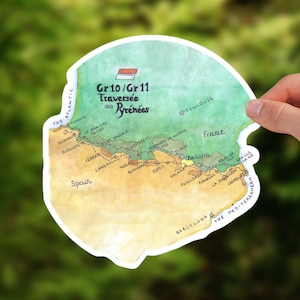 Mappa adesiva di GR 10 e GR 11 / Traversée des Pyrénées / Pittura ad acquerello / Vinile adesivo lucido / 3 "/ 4" / 5.5"