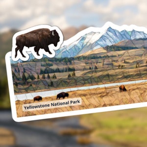 Sticker van het Yellowstone National Park | Bizon Yellowstone | Souvenir | Mozaïekillustratie | Waterfles sticker | Glanzende vinylsticker 5,5"