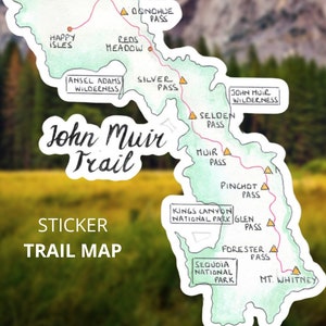 Carte des sentiers John Muir | Autocollant JMT | Cadeau pour randonneur JMT | Carte dessinée à la main | Sentier John Muir | Autocollant Brillant Vinyle 4" / 5.5"