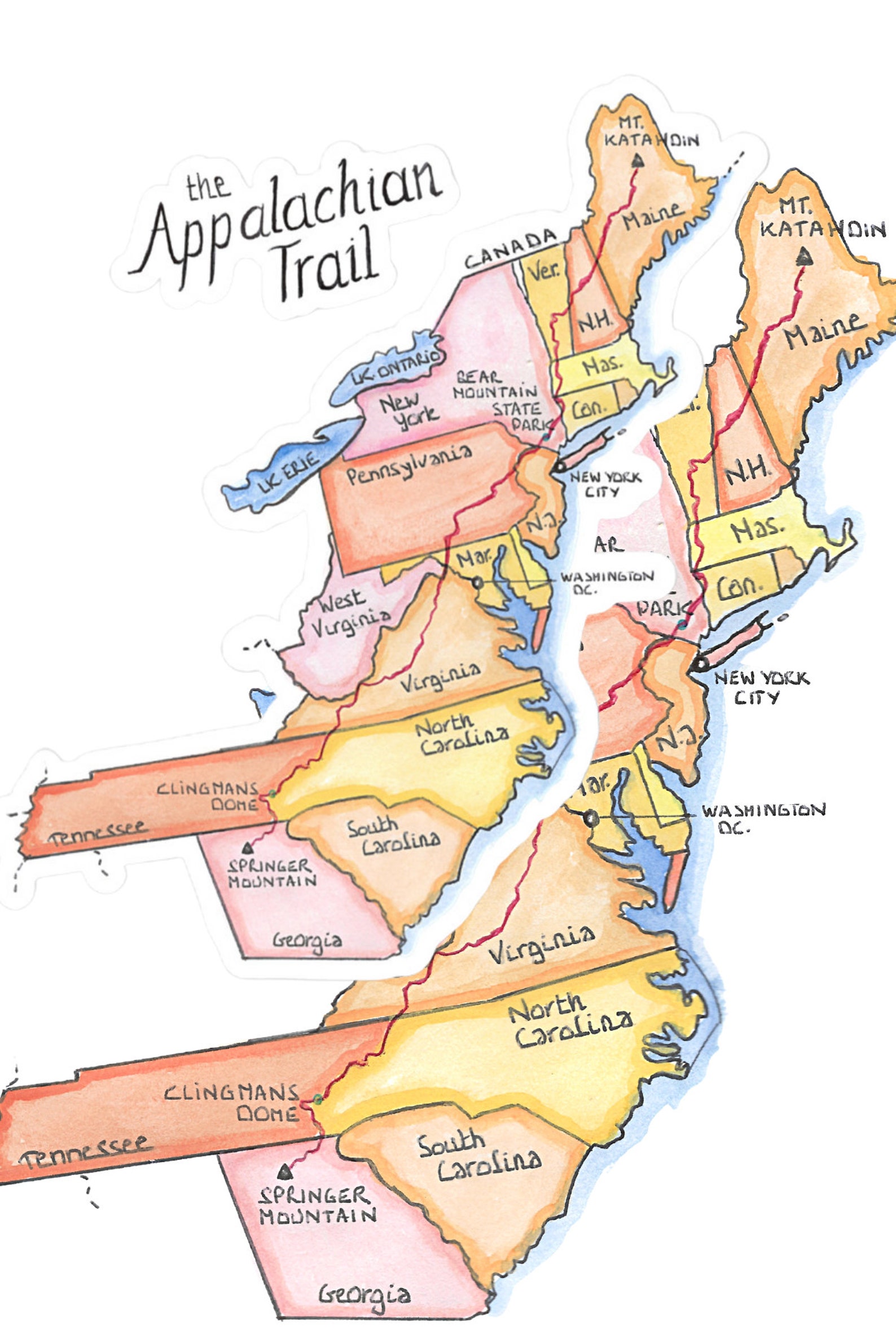 Appalachian Trail Map Sticker AT Trail Map Watercolor Painting