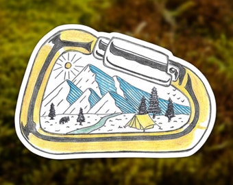 Handcrafted Camping Scene Sticker | Carabiner, Vinyl Glossy