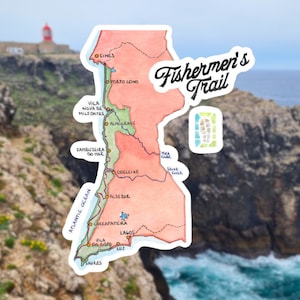 Visserspad | Sticker | Routekaart | Portugal-route | Aquarel schilderij | Wandelaar cadeau | Vinyl glanzende sticker |  4" / 5,5"