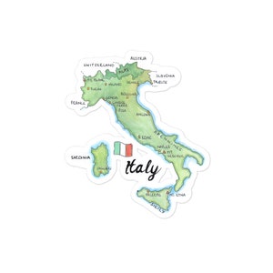 May include: A sticker featuring a watercolor map of Italy, colored in shades of green. The map includes the Italian flag and the country's name in a handwritten font. Major cities and geographical features are labeled.