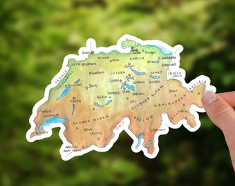 Watercolor Map of Switzerland Sticker: Glossy Vinyl Decal