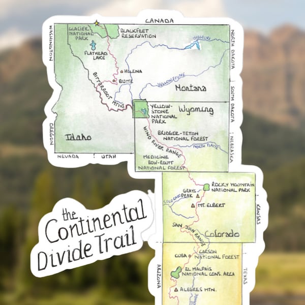 Continental Divide Trail Map Sticker | CDT Trail Map | Watercolor Painting | Continental Divide Trail | Vinyl Glossy Sticker | 4" / 5.5"