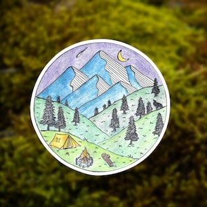 Handgemaakte Mountain Sticker | Hiker Gift | Het buitenleven | Waterfles Sticker | Vinyl glanzende sticker 3 "4" of 5,5 "