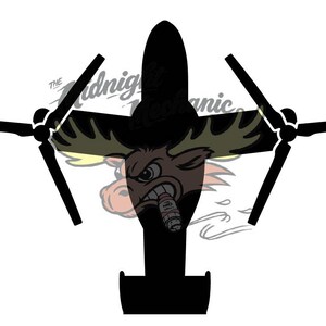 May include: A black silhouette of a twin-engine airplane with a superimposed graphic of a brown moose with large antlers, an angry expression, and a spark plug in its mouth, featuring the text The Midnight Mechanic in a script font.