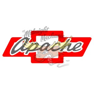 May include: A red graphic emblem featuring a stylised bowtie shape with the word Apache written in a large, cursive, dark grey font. Behind the text, a cartoon character with horns is visible, and the text The Midnight Mechanic is present.