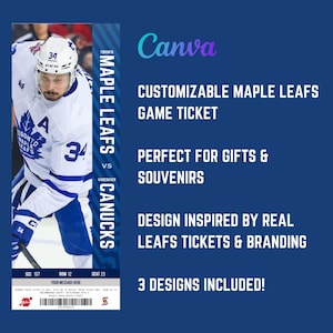 Può includere: Un modello di biglietto rettangolare verticale con un giocatore di hockey dei Toronto Maple Leafs in maglia bianca e blu con il numero 34. Il testo recita CUSTOMIZABLE MAPLE LEAFS GAME TICKET, PERFECT FOR GIFTS & SOUVENIRS, DESIGN INSPIRED BY REAL LEAFS TICKETS & BRANDING e 3 DESIGNS INCLUDED!