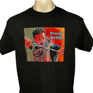 May include: Black t-shirt with a colorful graphic of Frank Grillo holding a sword. The graphic has a red, orange, and yellow color scheme.