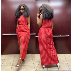 Red Plaid Maxi Dress: Sleeveless Gown with Slit & Belt
