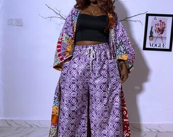 African Print Kimono and Wide Leg Pants Set - Ankara Patchwork Handmade