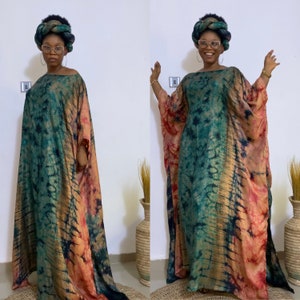 Silk Adire boubou with headband/silk kaftan/mother’s day gift/belted tie & dye gown/African bubu/Resort maxi dress/Women plus size clothing